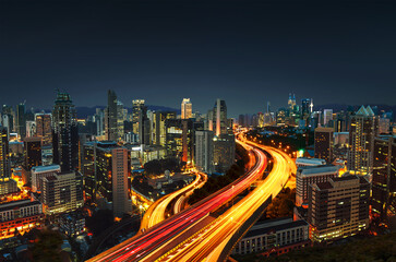 Panorama cityscape of Kuala Lumpur city center night view.