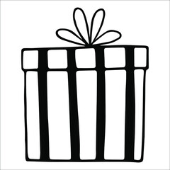 Hand drawn doodle element gift box. Doodle illustration of present for card, poster, banner, christmas design, pattern, birthday card, kid design. Vector illustration isolated on white background.