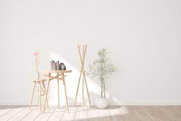 modern room with plants,vase and wooden furniture