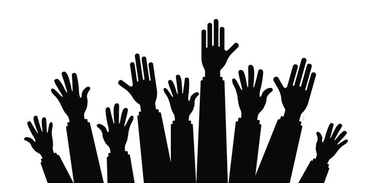 silhouette vector of Many Hands raise high up on white background,Silhouette set of hands, Large group of people with raising hands isolated on white, vector