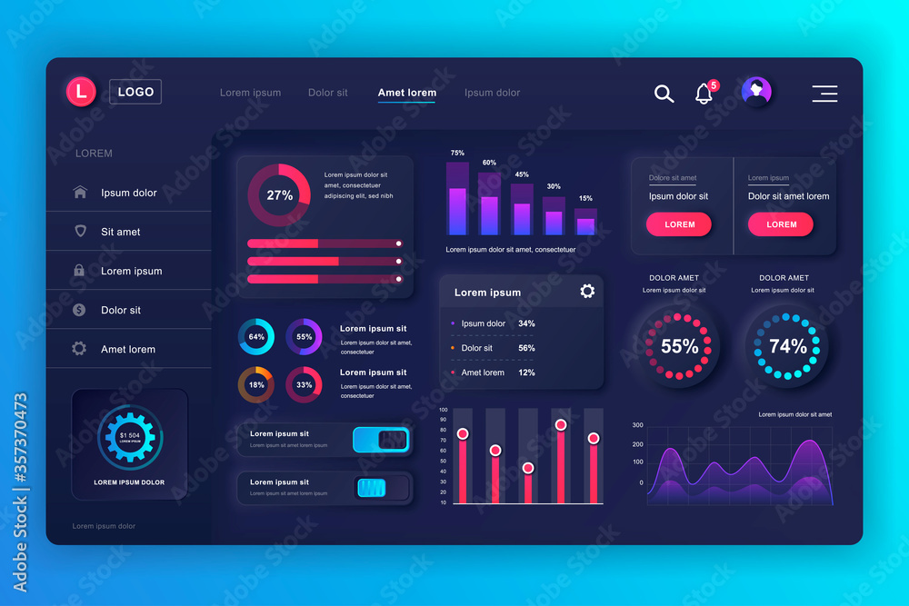 Wall mural neumorphic dashboard ui kit. admin panel vector design template with infographic elements, hud diagr