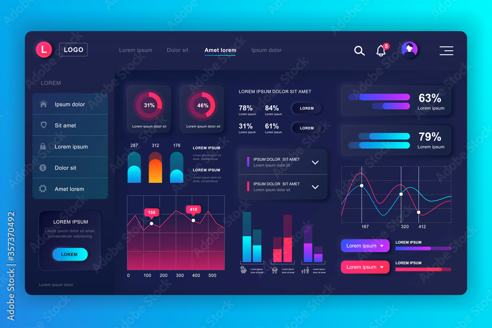 Poster neumorphic dashboard ui kit. admin panel vector design template with infographic elements, hud diagr