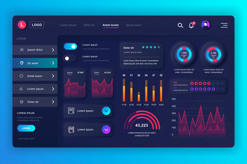 Neumorphic dashboard UI kit. Admin panel vector design template with infographic elements, HUD diagram, info graphics. Website dashboard for UI and UX design web page. Neumorphism style.