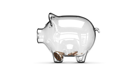 Glass piggy bank stuffed with growing coins. 3d rendering