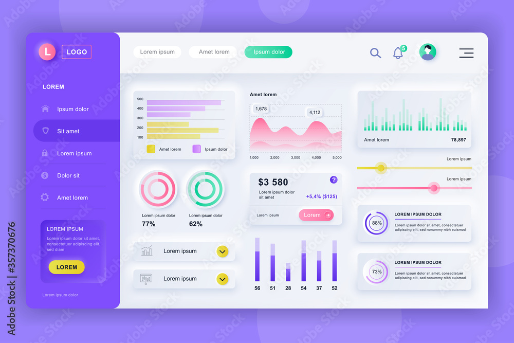 Poster neumorphic dashboard ui kit. admin panel vector design template with infographic elements, hud diagr