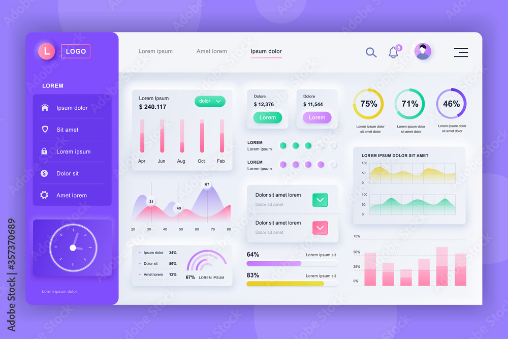 Leinwandbilder Neumorphic dashboard UI kit. Admin panel vector design template with infographic elements, HUD diagram, info graphics. Website dashboard for UI and UX design web page. Neumorphism style.
