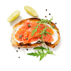 Sandwich with smoked and salted salmon for healthy breakfast isolated on white background