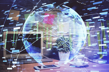 Double exposure of business theme icons and work space with computer background. Concept of success.