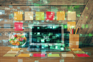 Multi exposure of desktop with computer on background and tech theme drawing. Concept of big data.