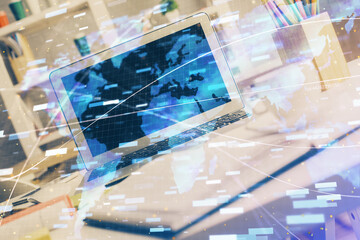 Double exposure of desktop with personal computer on background and tech theme drawing. Concept of data analysis.