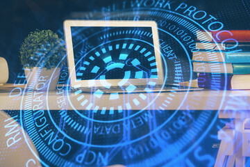 Double exposure of desktop with personal computer on background and tech theme drawing. Concept of Bigdata.