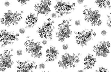 Floral seamless pattern with different flowers and leaves. Black