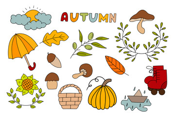 Doodle autumn set icon isolated on white. Hand drawing line art. Sketch mushroom, olive, umbrella, pumpkin etc. Vector stock illustration. EPS 10