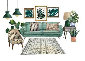 Interior background with mid-century modern furniture, Interior Decor Scene.Room with houseplant,rug,light green sofa,pillows.Watercolor illustration.Housewarming print.Stay at home.Tropical boho home