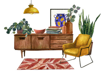 60-s interior bohemian background with mid-century modern furniture, Interior Decor Scene.Cozy living room with a houseplant, yellow armchairs.Watercolor illustration.Housewarming print. Stay at home