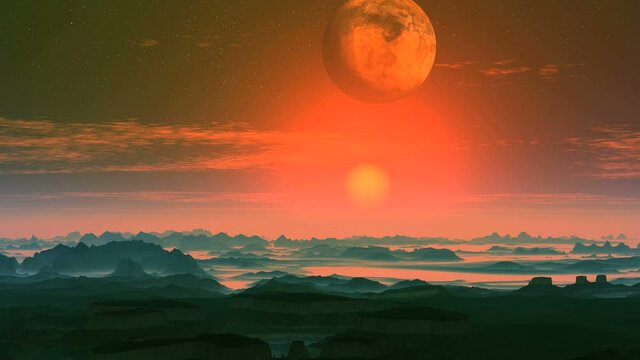 Beautiful Sunset under the Alien Moon. Bright orange sun slowly sets in the misty horizon. Dark mountains stand among blue and pink fog. In the sky the moon, stars and slowly floating clouds.
