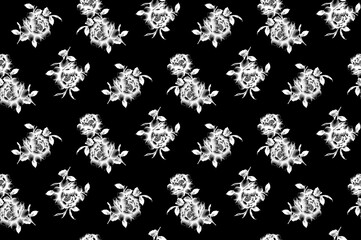 Floral seamless pattern with different flowers and leaves. Black