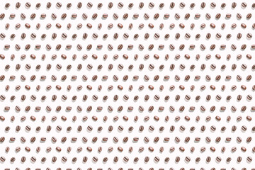 Many coffee beans at white background. Isolated pattern seeds. Roast arabica restaurant concept. Taste energy brown morning beverage. Cafe wallpaper. Hard shadows