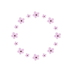 Beautiful round frame with pink cherry blossoms isolated on a white background. Spring frame for photos and design of postcards, booklets, posters, banners.Vector cartoon illustration.