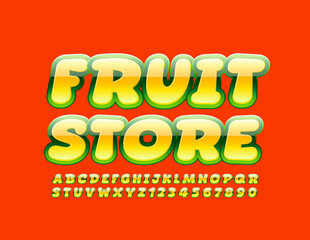 Vector glossy sign Fruit Store with Decorative Font. Shiny Alphabet Letters and Numbers