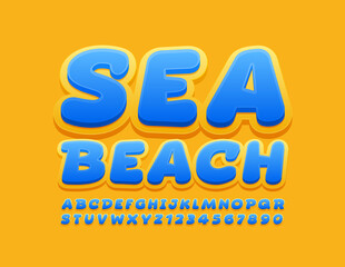 Vector creative banner Sea Beach with Holiday Font. Blue and Yellow Alphabet letters and Numbers