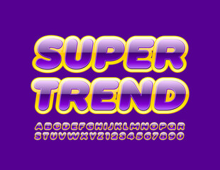 Vector Super Trendy bright Font. Glossy Violet and Yellow Alphabet Letters and Numbers