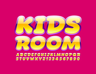 Vector bright logo Kids Room with Yellow and Violet Font. Glossy comic Font