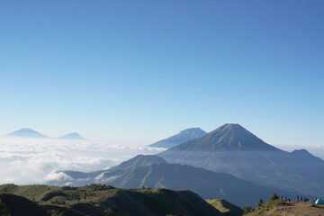 View of Mt. Sumbing and Mt. Sindoro  from top of the Mt. Prau, Dieng, Wonosobo, Central Java, Indonesia