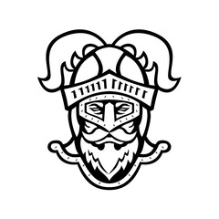 Knight Head Wearing a Helmet with Ostrich Plumage Front Mascot Black and White