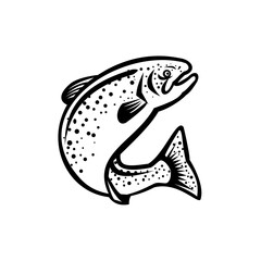 Rainbow Trout Jumping Up Retro Black and White