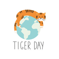 Lettering day of the tiger. Handwritten inscription for the day of the tiger and the tiger's face. Vector illustration of a cartoon. Design of a logo, banner, postcard, advertisement, or booklet.