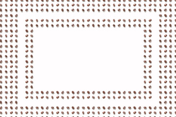 Many coffee beans at white background. Isolated seeds. Roast arabica restaurant concept. Taste energy brown morning beverage. Cafe wallpaper. Frame with copyspace.