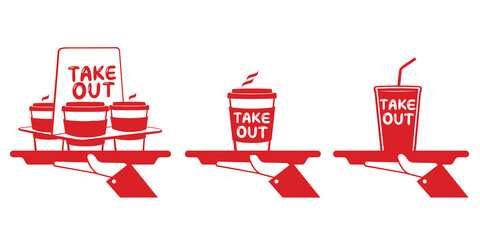 Set of hand carrying coffee cup for takeout, takeaway. Vector of food delivery service