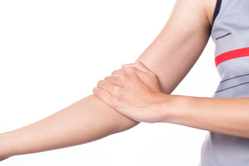 woman feels arm or elbow pain on white background , healthy and medical concept