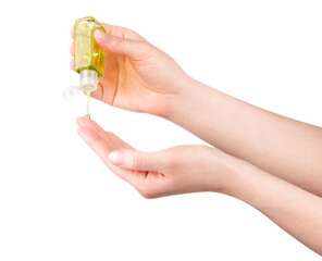 Woman hands use antibacterial gel. Concept of protection from Covid-19