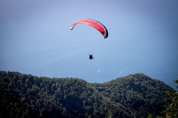 Paraglider soaring over the seashore