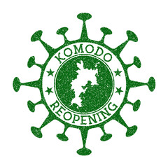 Komodo Reopening Stamp. Green round badge of island with map of Komodo. Island opening after lockdown. Vector illustration.