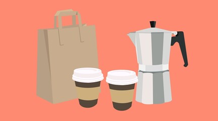 Vector Isolated Illustration of a Coffee Take Away Set, with two paper cups of coffee, a coffee maker and a paper bag