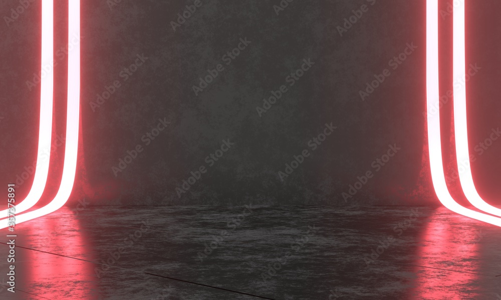 Poster 3d rendering of grungy dark metal floor and wall with reflection from red led light. for business or