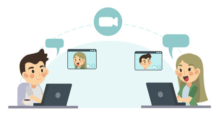 Fototapeta na wymiar Vector flat cartoon illustration of Video call concept,Global network. Man and woman are talking and video calling via internet application. working from home. remote.