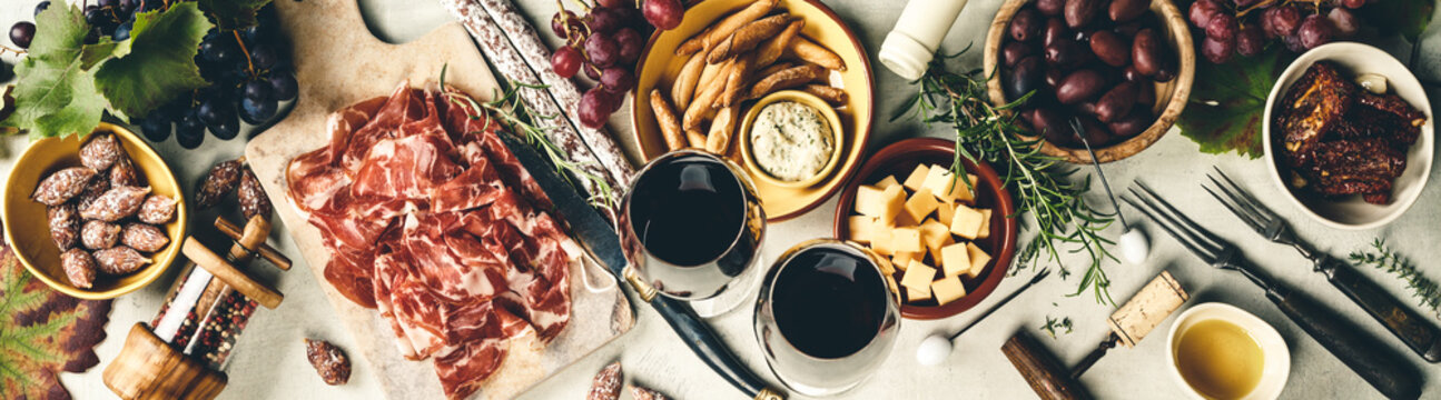 Wine and tapas, top view