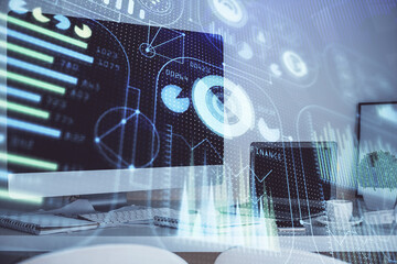 Technology theme drawing and work space with computer. Multi exposure. Concept of innovation.