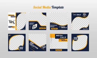 Set of Editable minimal square banner template. blue and yellow background color with stripe line shape.