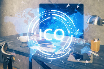 Double exposure of blockchain and crypto economy theme hologram and table with computer background....