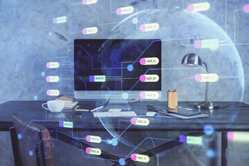 Technology theme drawing and table with computer. Double exposure. Concept of information.