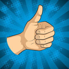 Pop art thumbs up hand sign, like hand gesture, comic style illustration.