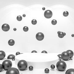 White podium stage backdrop and black balls with ies spotlight on white background for product display stand or used in other designs 3d rendering. 3d illustration template minimal style concept.