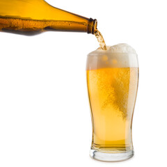 pouring blonde beer into glass, isolated on white background