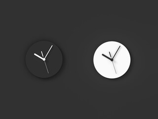 Black and white Watch, Round analog clock face on black background 3d rendering. 3d illustration minimal style conception of punctuality Precise time-keeping and measurement of time.