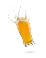 glass of lager beer floating on white background with shadow - 357378432